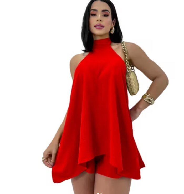 Look Donna Morena Closet — macaquinho vermelho frente única
